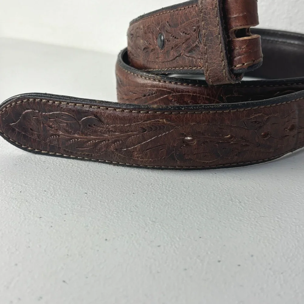 Vogt Vintage Hand Tooled American Bison Brown Leather Western Belt  Size 40